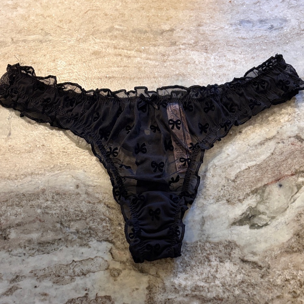 Victoria's Secret Black Sheer Mesh Thong with Bow Pattern